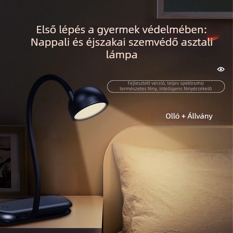 Szemvédő asztali lámpa kétfényforrással, hordozható, beépített lítium akkumulátorral, ABS árnyékolóval, olvasáshoz és tanuláshoz.