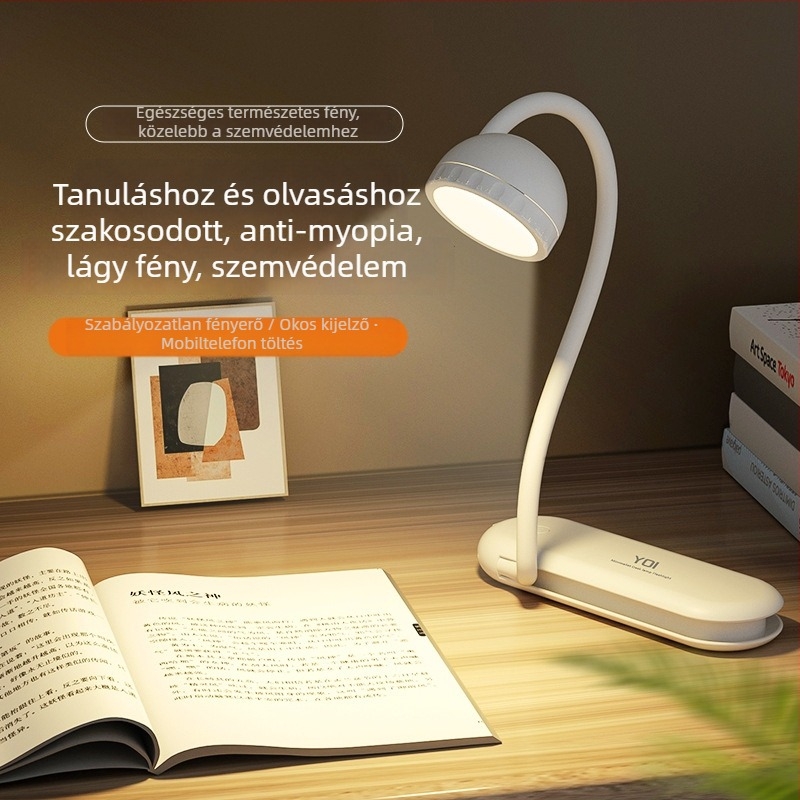 Szemvédő asztali lámpa kétfényforrással, hordozható, beépített lítium akkumulátorral, ABS árnyékolóval, olvasáshoz és tanuláshoz.