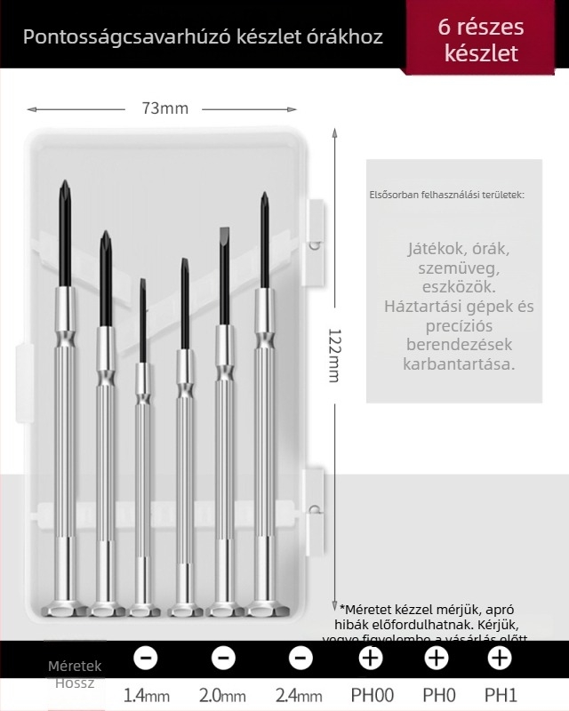Órás csavarhúzó készlet keresztes és laposfejű tipussal, kiváló merevségű szénacélból, órák javítására és szétszerelésére
