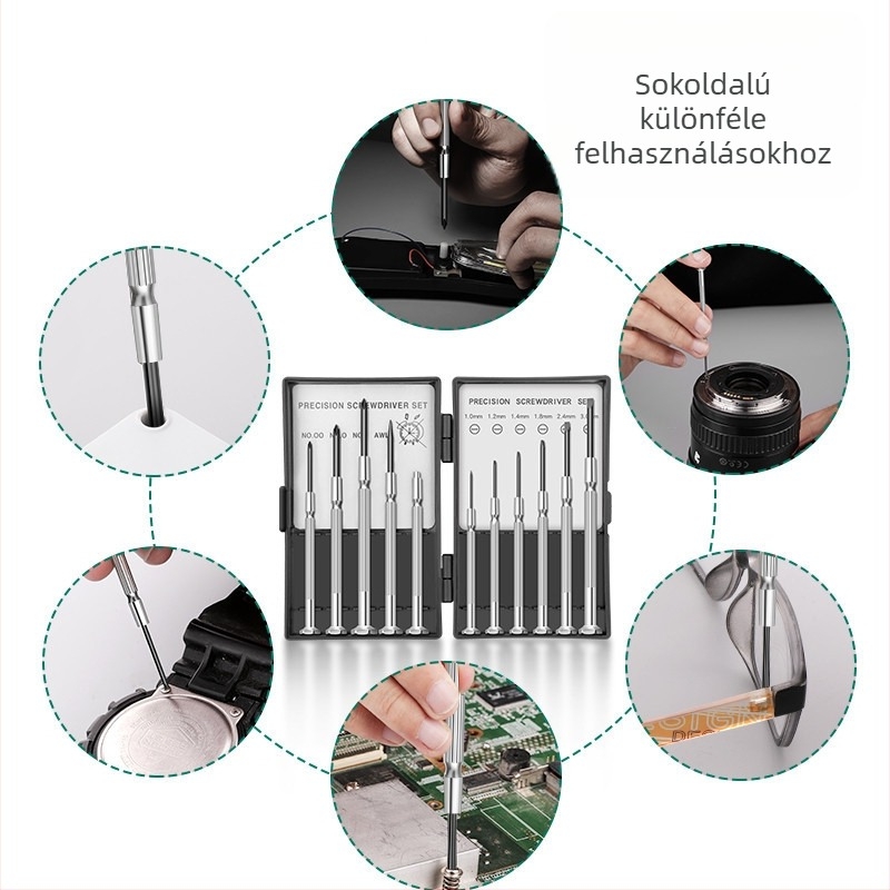 Órás csavarhúzó készlet keresztes és laposfejű tipussal, kiváló merevségű szénacélból, órák javítására és szétszerelésére