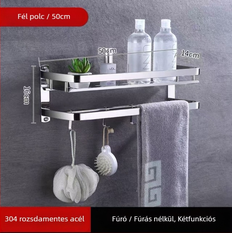 Fali törölközőtartó, 1 réteg, 304 rozsdamentes acélból, fúrás nélküli szerelés, teherbírás több mint 10 lb
