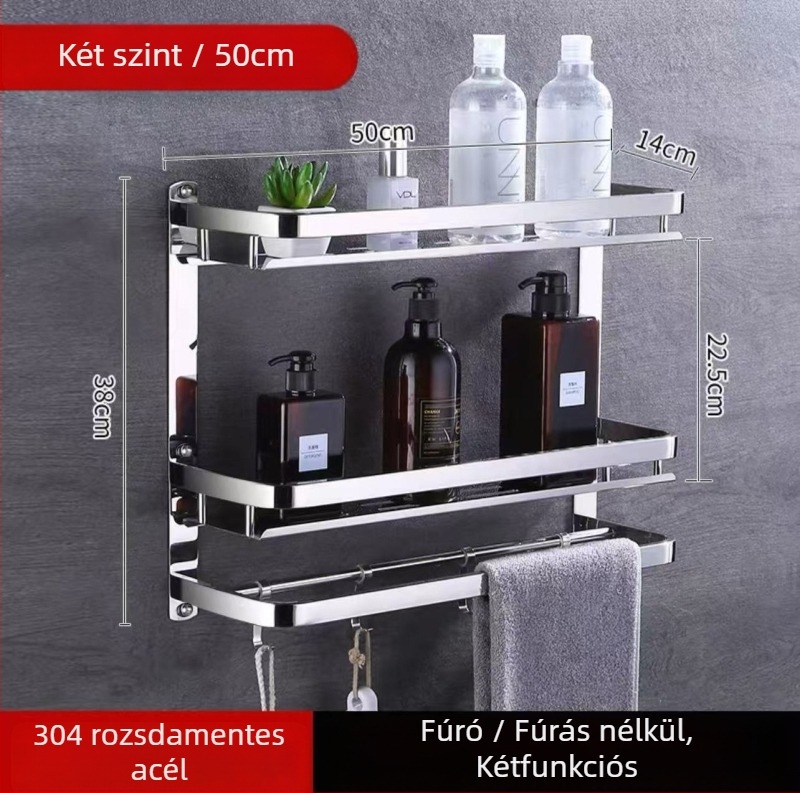 Fali törölközőtartó, 1 réteg, 304 rozsdamentes acélból, fúrás nélküli szerelés, teherbírás több mint 10 lb