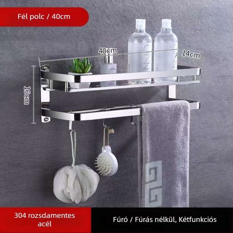 Fali törölközőtartó, 1 réteg, 304 rozsdamentes acélból, fúrás nélküli szerelés, teherbírás több mint 10 lb