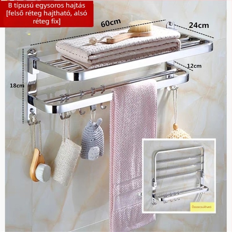 Fali törölközőtartó, 1 réteg, 304 rozsdamentes acélból, fúrás nélküli szerelés, teherbírás több mint 10 lb