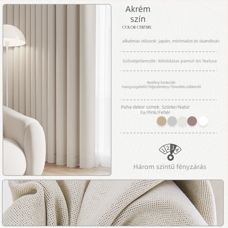 Kétoldalas mesterséges kender árnyékoló függöny, sima szövésű, selyemréteggel, 71–90% árnyékolás, modern minimalist stílus, bérleti függöny