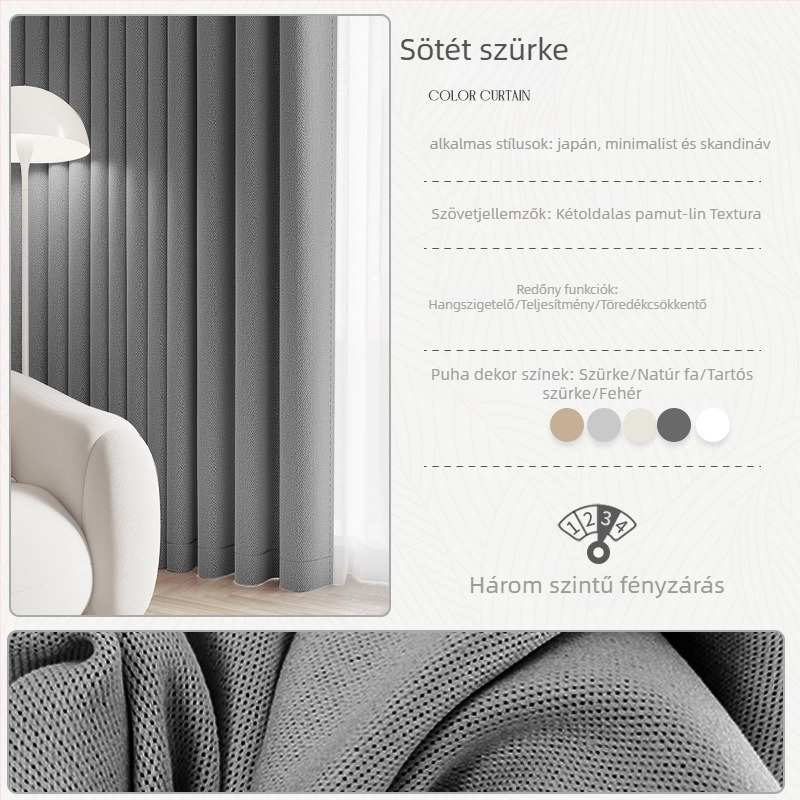 Kétoldalas mesterséges kender árnyékoló függöny, sima szövésű, selyemréteggel, 71–90% árnyékolás, modern minimalist stílus, bérleti függöny
