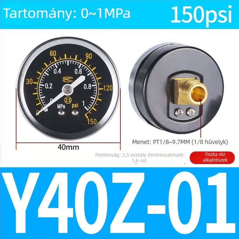 Pontos nyomásmérő légkompresszorhoz, 40 mm névleges átmérő, 0-1 tartomány, pontossági osztály 1.6, Modell Y40-01, NGS