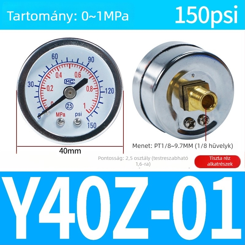 Pontos nyomásmérő légkompresszorhoz, 40 mm névleges átmérő, 0-1 tartomány, pontossági osztály 1.6, Modell Y40-01, NGS