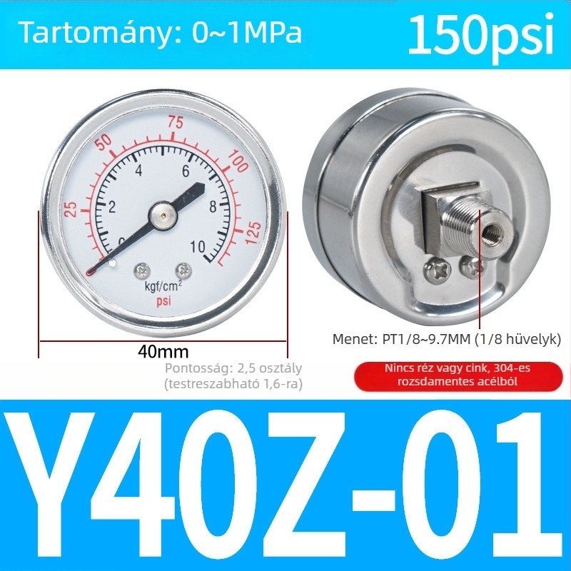 Pontos nyomásmérő légkompresszorhoz, 40 mm névleges átmérő, 0-1 tartomány, pontossági osztály 1.6, Modell Y40-01, NGS