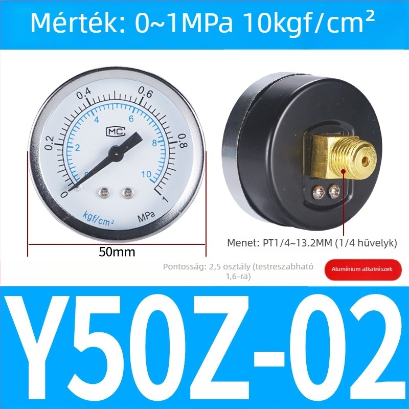 Pontos nyomásmérő légkompresszorhoz, 40 mm névleges átmérő, 0-1 tartomány, pontossági osztály 1.6, Modell Y40-01, NGS