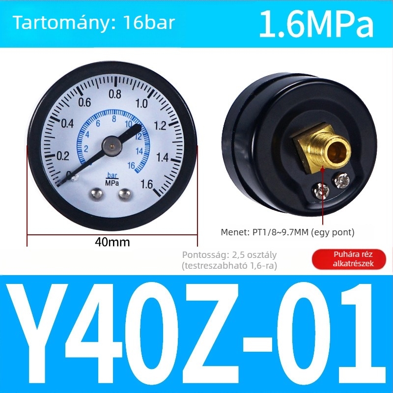 Pontos nyomásmérő légkompresszorhoz, 40 mm névleges átmérő, 0-1 tartomány, pontossági osztály 1.6, Modell Y40-01, NGS