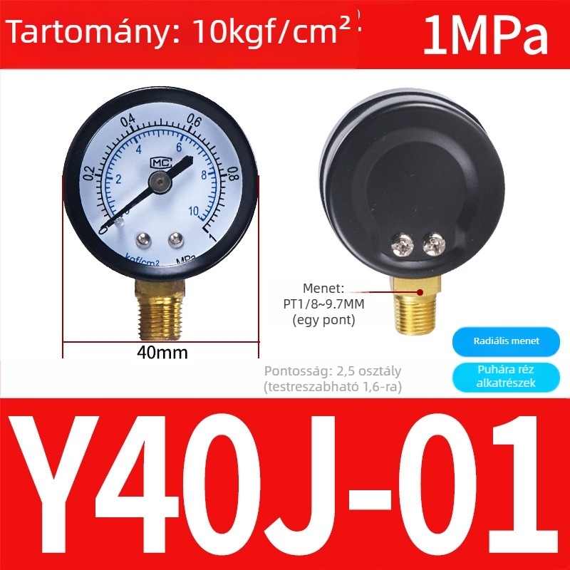Pontos nyomásmérő légkompresszorhoz, 40 mm névleges átmérő, 0-1 tartomány, pontossági osztály 1.6, Modell Y40-01, NGS