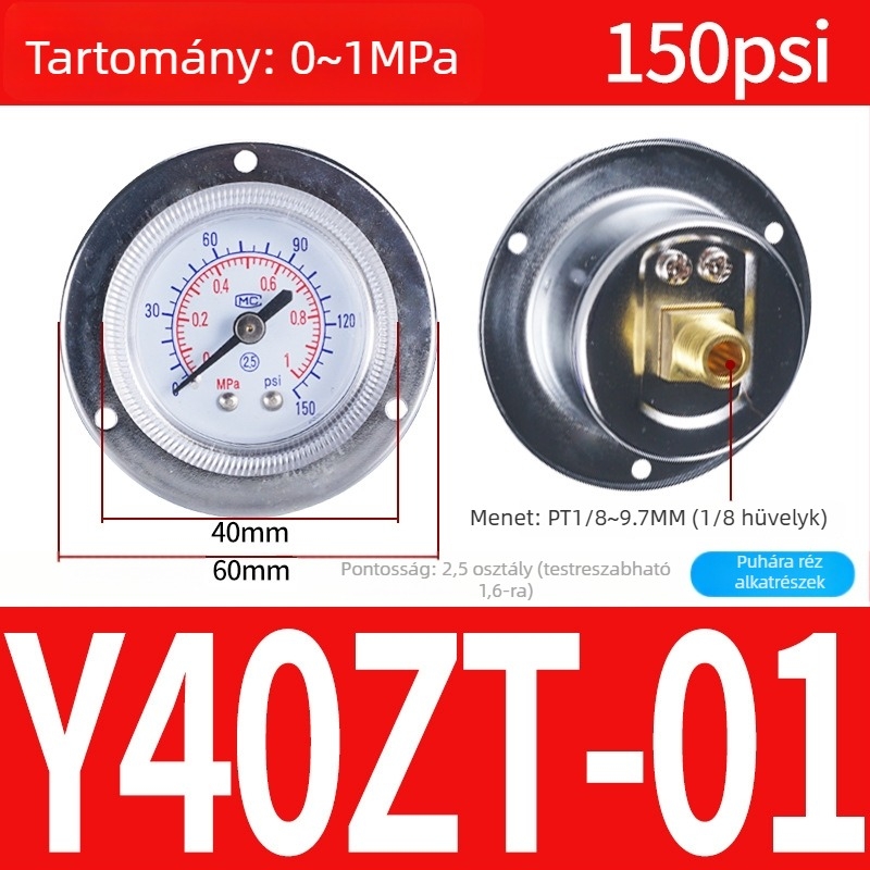 Pontos nyomásmérő légkompresszorhoz, 40 mm névleges átmérő, 0-1 tartomány, pontossági osztály 1.6, Modell Y40-01, NGS