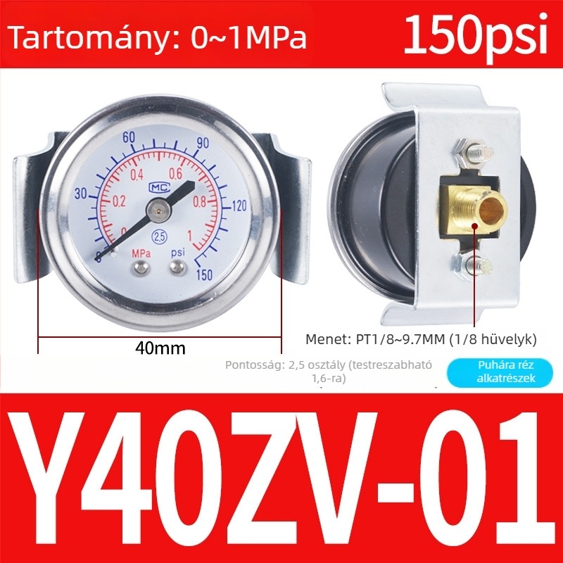 Pontos nyomásmérő légkompresszorhoz, 40 mm névleges átmérő, 0-1 tartomány, pontossági osztály 1.6, Modell Y40-01, NGS