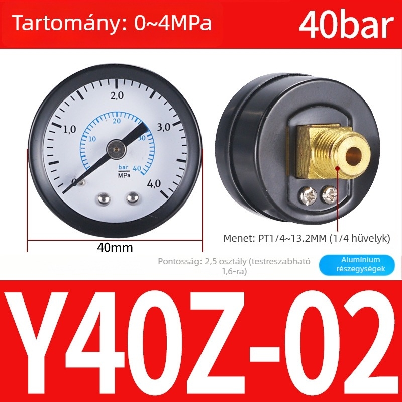 Pontos nyomásmérő légkompresszorhoz, 40 mm névleges átmérő, 0-1 tartomány, pontossági osztály 1.6, Modell Y40-01, NGS