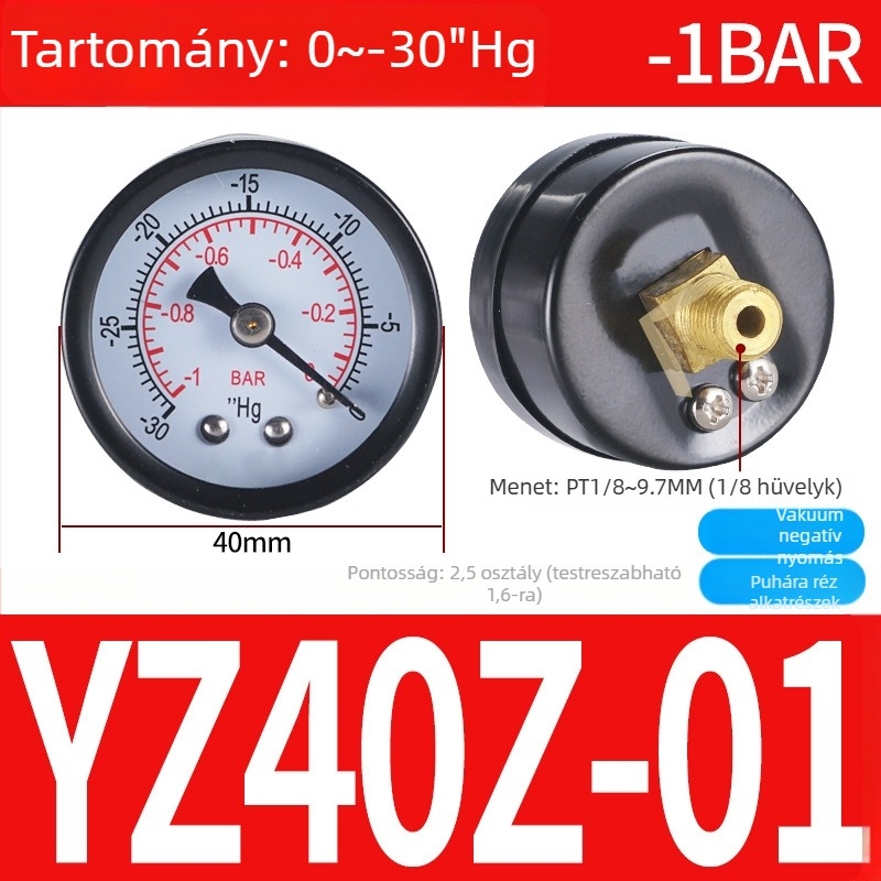 Pontos nyomásmérő légkompresszorhoz, 40 mm névleges átmérő, 0-1 tartomány, pontossági osztály 1.6, Modell Y40-01, NGS