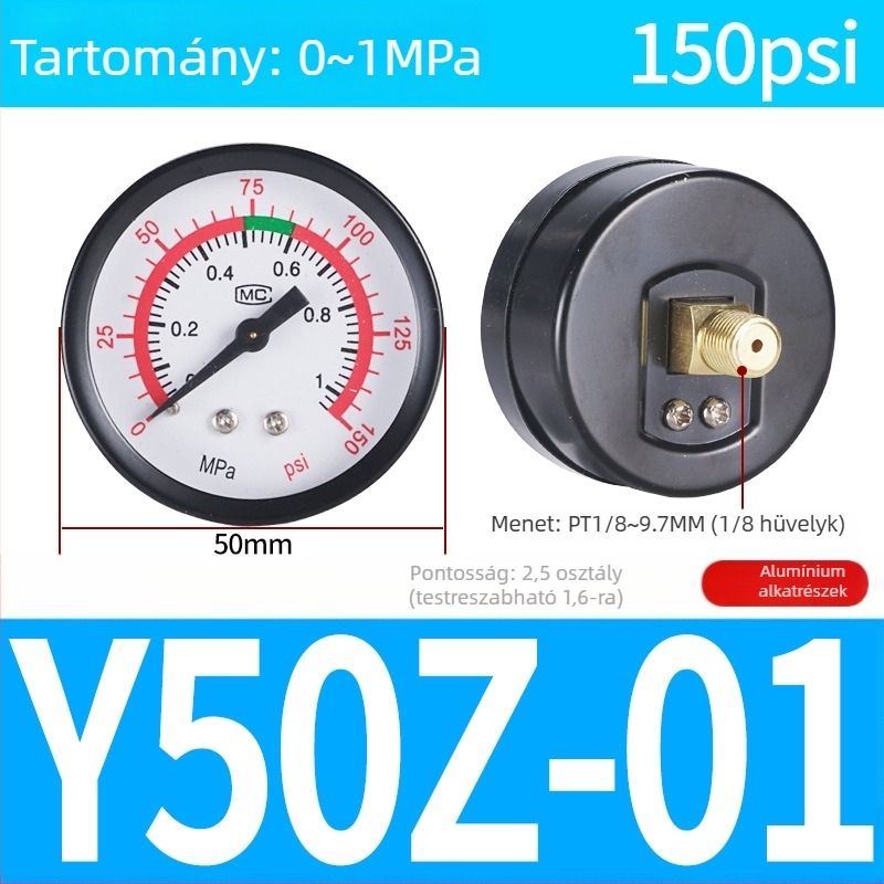 Pontos nyomásmérő légkompresszorhoz, 40 mm névleges átmérő, 0-1 tartomány, pontossági osztály 1.6, Modell Y40-01, NGS