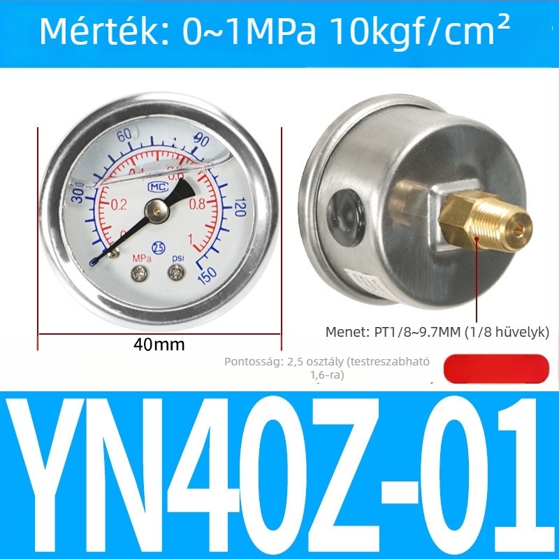Pontos nyomásmérő légkompresszorhoz, 40 mm névleges átmérő, 0-1 tartomány, pontossági osztály 1.6, Modell Y40-01, NGS