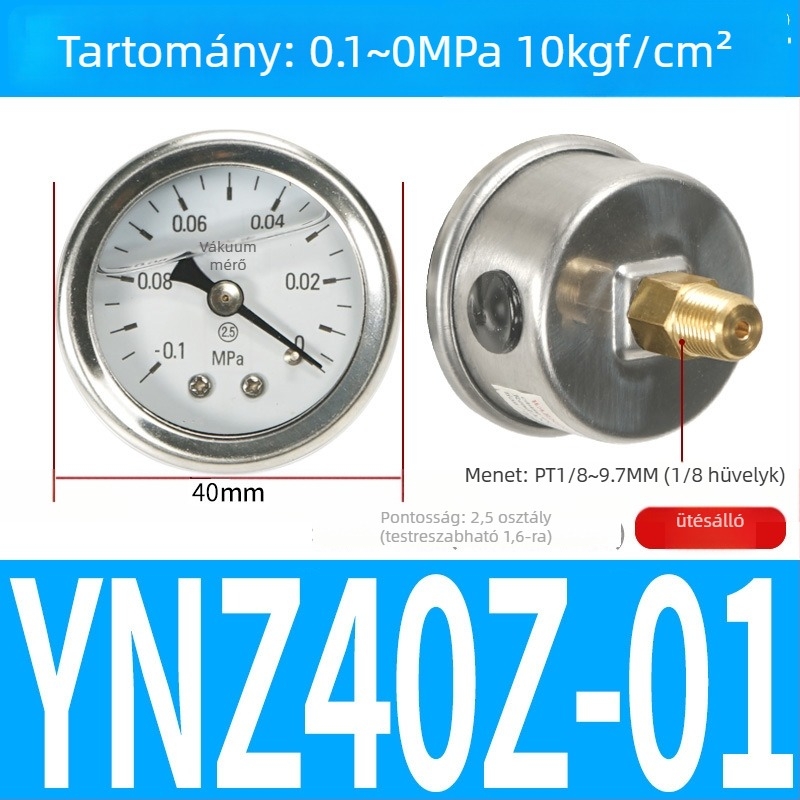 Pontos nyomásmérő légkompresszorhoz, 40 mm névleges átmérő, 0-1 tartomány, pontossági osztály 1.6, Modell Y40-01, NGS