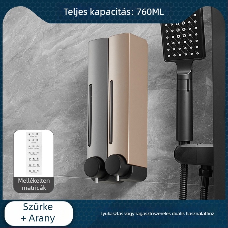 Csavarozás nélküli falra szerelhető szappanadagoló, kézi nyomásos működés, ABS anyag, oxidált felület, modern minimalista stílus