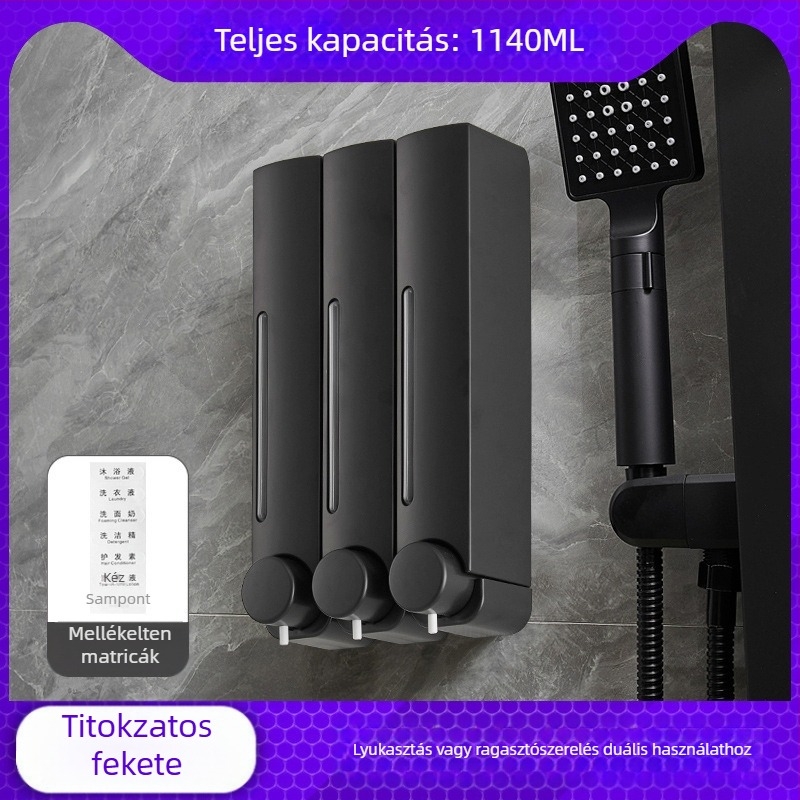 Csavarozás nélküli falra szerelhető szappanadagoló, kézi nyomásos működés, ABS anyag, oxidált felület, modern minimalista stílus