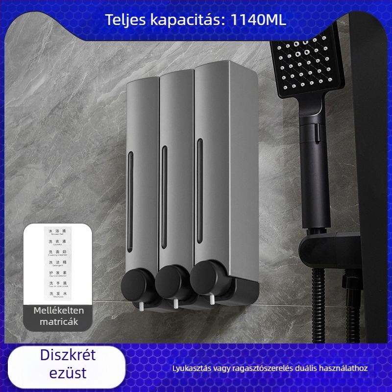 Csavarozás nélküli falra szerelhető szappanadagoló, kézi nyomásos működés, ABS anyag, oxidált felület, modern minimalista stílus