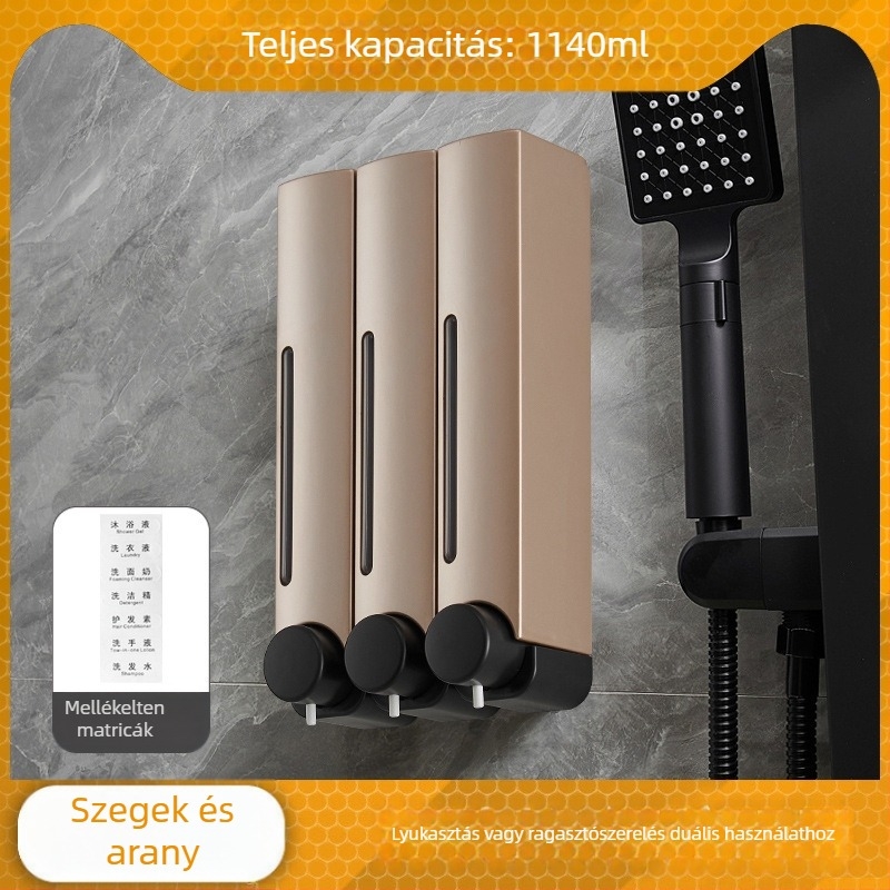 Csavarozás nélküli falra szerelhető szappanadagoló, kézi nyomásos működés, ABS anyag, oxidált felület, modern minimalista stílus