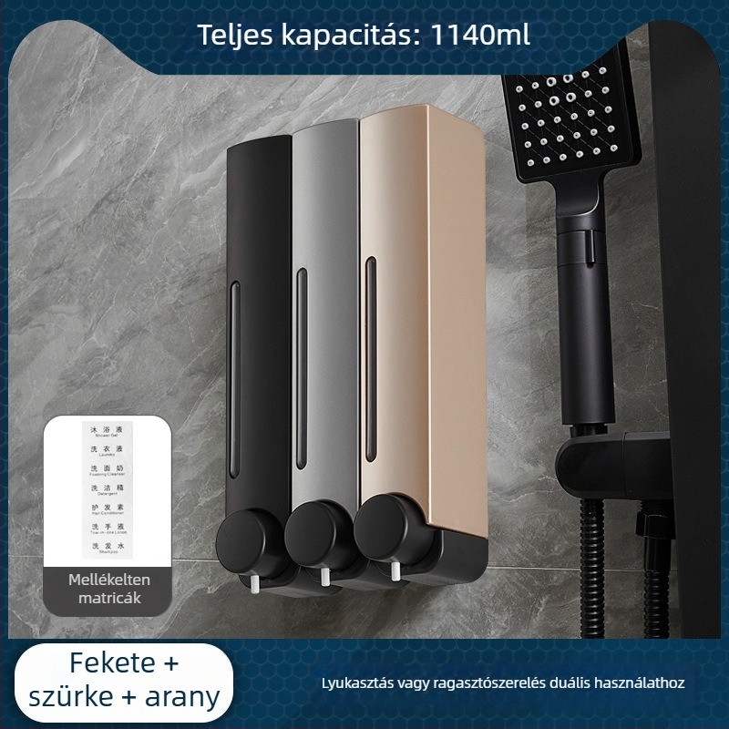 Csavarozás nélküli falra szerelhető szappanadagoló, kézi nyomásos működés, ABS anyag, oxidált felület, modern minimalista stílus