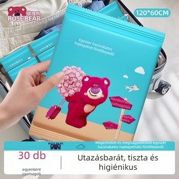 Egyszer használatos vastagított fürdőlepedők nagy tételben, szállodák, panziók és szépségszalonok számára; anyag: fa rost; fő összetevők: mulberry selyem; nedvszívó 0–5 s; kettős használat – száraz/ nedves