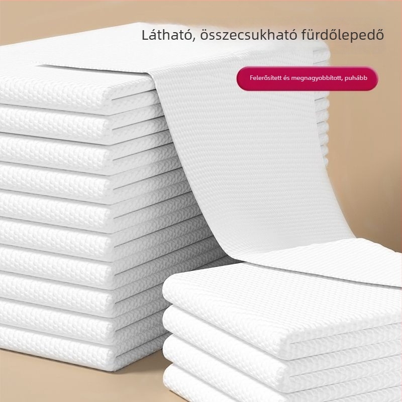 Egyszer használatos vastagított fürdőlepedők nagy tételben, szállodák, panziók és szépségszalonok számára; anyag: fa rost; fő összetevők: mulberry selyem; nedvszívó 0–5 s; kettős használat – száraz/ nedves
