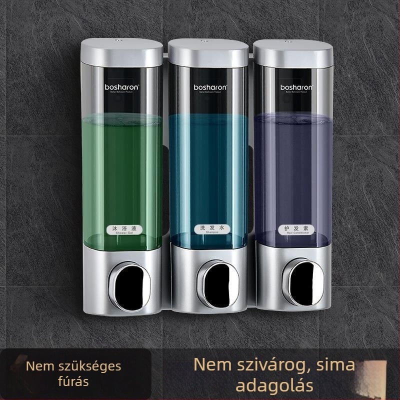 Műanyag falra szerelhető pumpás adagoló tusfürdőhöz és kézfertőtlenítőhöz – lyukasztás nélküli telepítés, kézi működtetés