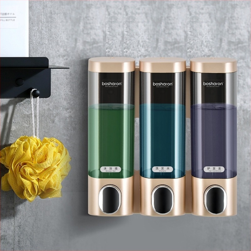 Műanyag falra szerelhető pumpás adagoló tusfürdőhöz és kézfertőtlenítőhöz – lyukasztás nélküli telepítés, kézi működtetés