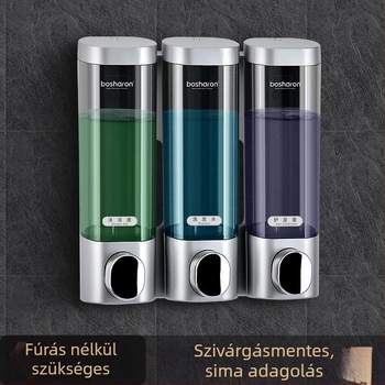 Falra szerelt tusfürdő és kézfertőtlenítő adagoló – műanyag test, fúrás nélküli telepítés, kézi nyomásos működés