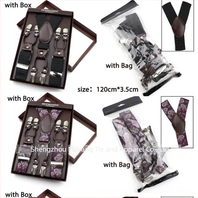 Uniszex nadrágtartó, hat csipeszes, elasztikus és állítható, poliészter szálból gumiszalaggal