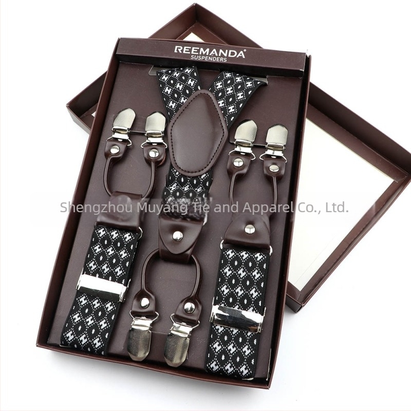 Uniszex nadrágtartók keresztezett hátsó kivitelben, hat csattal, elasztikus és állítható hosszúságú, poliészter fonalból gumiszalaggal