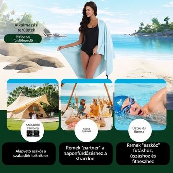 Fürdő- és strandtörölköző ultrafin szálakból, kétoldalas velúr, gyorsan szárad, nedvszívó, UV védelem, 200–300 g