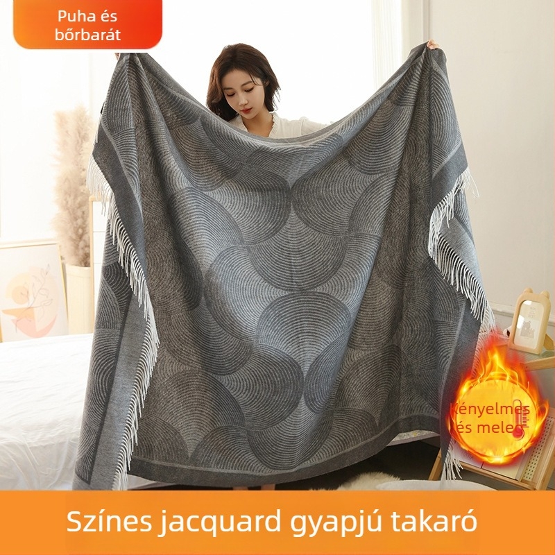 Gyapjú-kasmír jacquard kötött pléd, geometrikus minta, utazó pléd, négy évszakos kényelem
