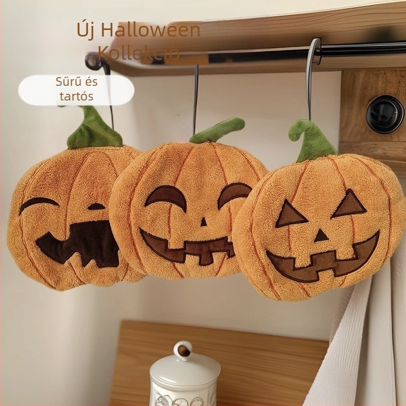 Lógó kéztörlő Halloween tök motívummal, korall plüss, hímzett, 150D, 30-50g