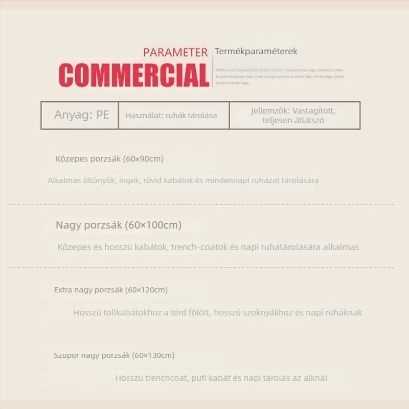 Ruhafedő borítás műanyagból, átlátszó, akasztóval, ruhákhoz – por- és nedvesség elleni védelem