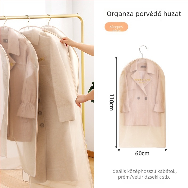 Organza ruhafedő porvédő – modern minimalista stílus, pormentes védelem paltohoz és öltönyhöz
