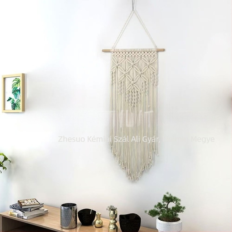 Makramé pillangó mintás falikép, kézzel készített pamutkötélből, boho nordic stílus; kézzel mosható