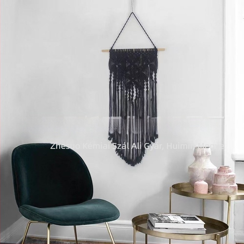 Makramé pillangó mintás falikép, kézzel készített pamutkötélből, boho nordic stílus; kézzel mosható