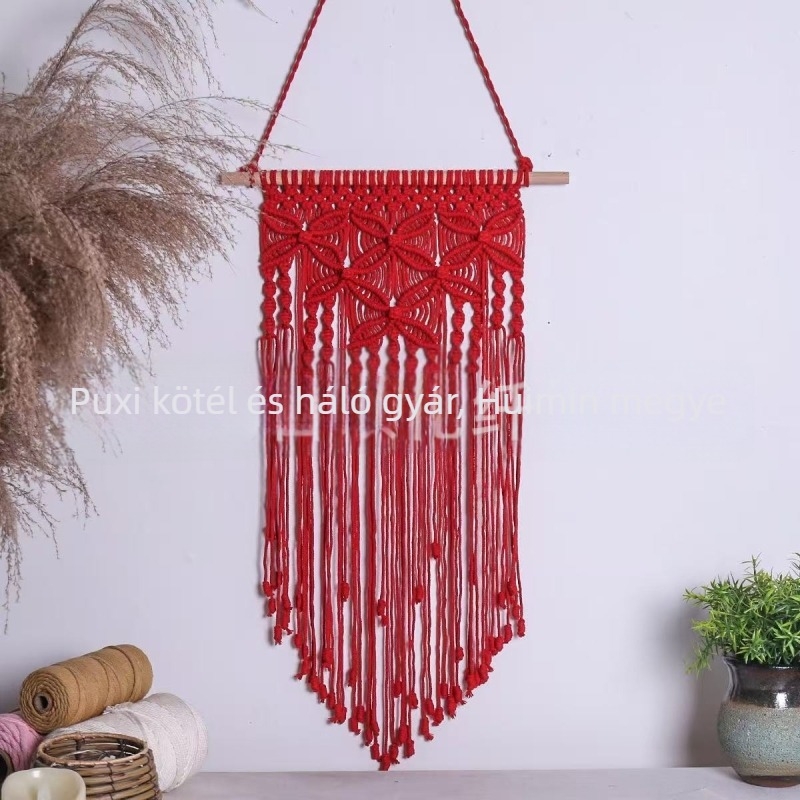 Makramé pillangó mintás falikép, kézzel készített pamutkötélből, boho nordic stílus; kézzel mosható