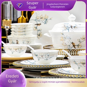 Csontporcelán étkészlet – tálak és tányérok, alá-glazúros virágos mintával, modern, egyszerű stílus, mikró kompatibilis, logóval személyre szabható