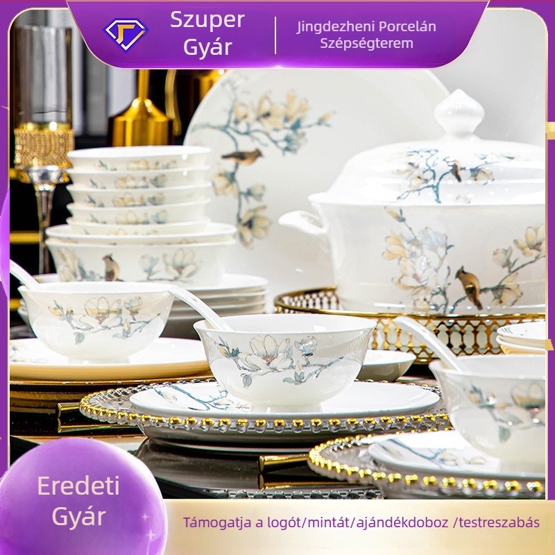 Csontporcelán étkészlet – tálak és tányérok, alá-glazúros virágos mintával, modern, egyszerű stílus, mikró kompatibilis, logóval személyre szabható
