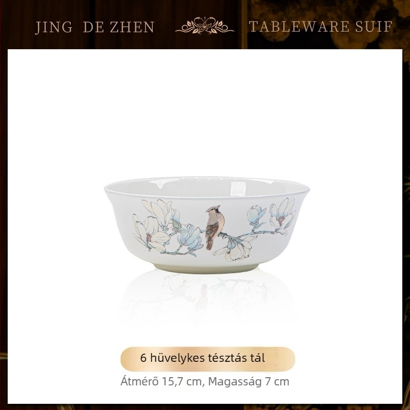 Csontporcelán étkészlet – tálak és tányérok, alá-glazúros virágos mintával, modern, egyszerű stílus, mikró kompatibilis, logóval személyre szabható