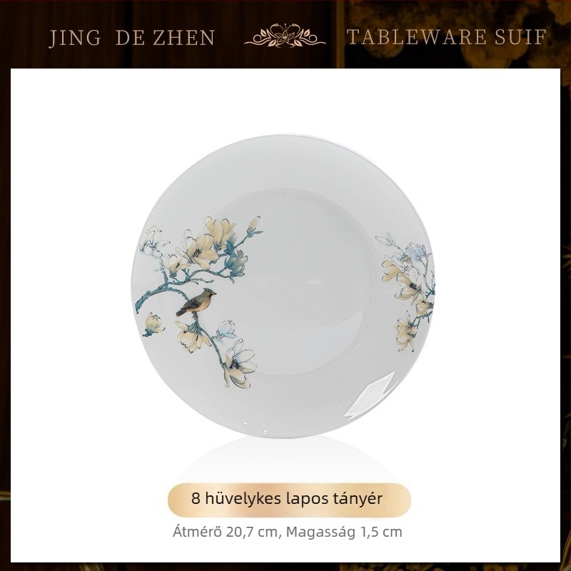 Csontporcelán étkészlet – tálak és tányérok, alá-glazúros virágos mintával, modern, egyszerű stílus, mikró kompatibilis, logóval személyre szabható