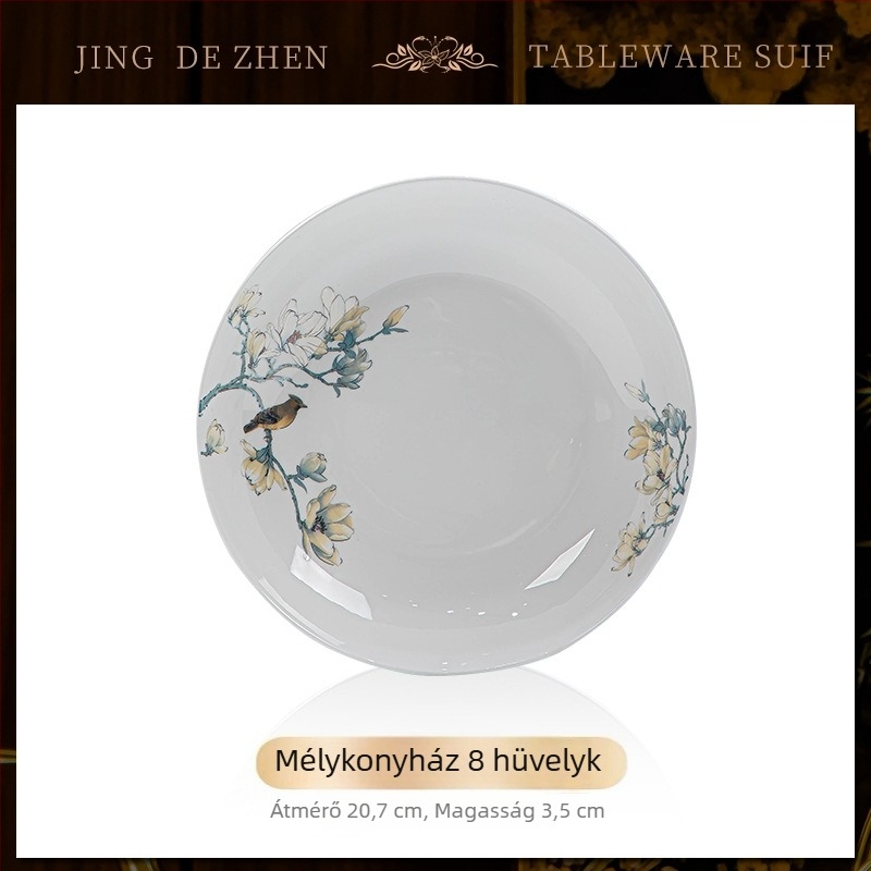Csontporcelán étkészlet – tálak és tányérok, alá-glazúros virágos mintával, modern, egyszerű stílus, mikró kompatibilis, logóval személyre szabható