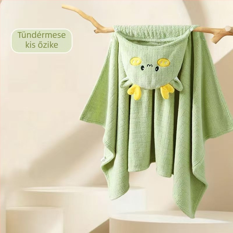 Gyermekek viselhető fürdőlepedő kapucnival – Cartoon mintázat, korall fleece, 300–400 g, 150D, Jacquard