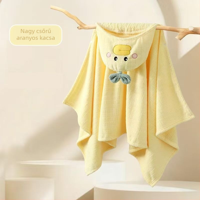 Gyermekek viselhető fürdőlepedő kapucnival – Cartoon mintázat, korall fleece, 300–400 g, 150D, Jacquard
